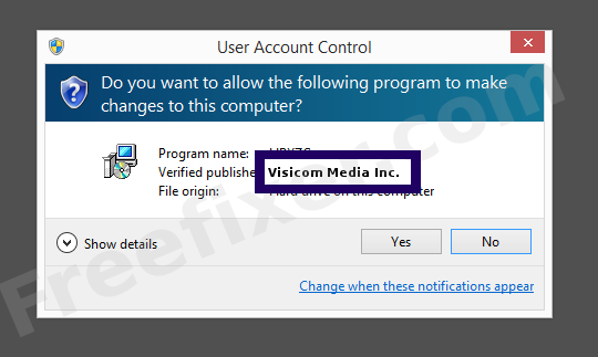 Screenshot where Visicom Media Inc. appears as the verified publisher in the UAC dialog